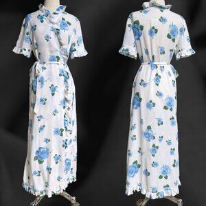 70s Vintage Ruffle Wrap Dress Maxi Tie Belt Blue Rose Short Sleeve Cotton.